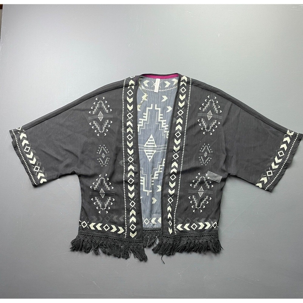Xhilaration Women's XS Black Kimono Cardigan Sheer Fringe Tribal Festival Boho